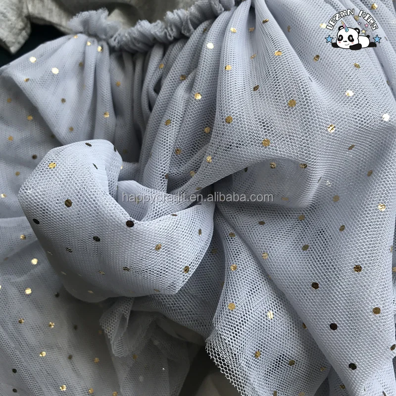 LEZONKIDS - Custom MOQ 100pcs Grey Cotton Short Sleeve 4 Layers Tulle Dress Girls Swan Dots Foil Print Dress